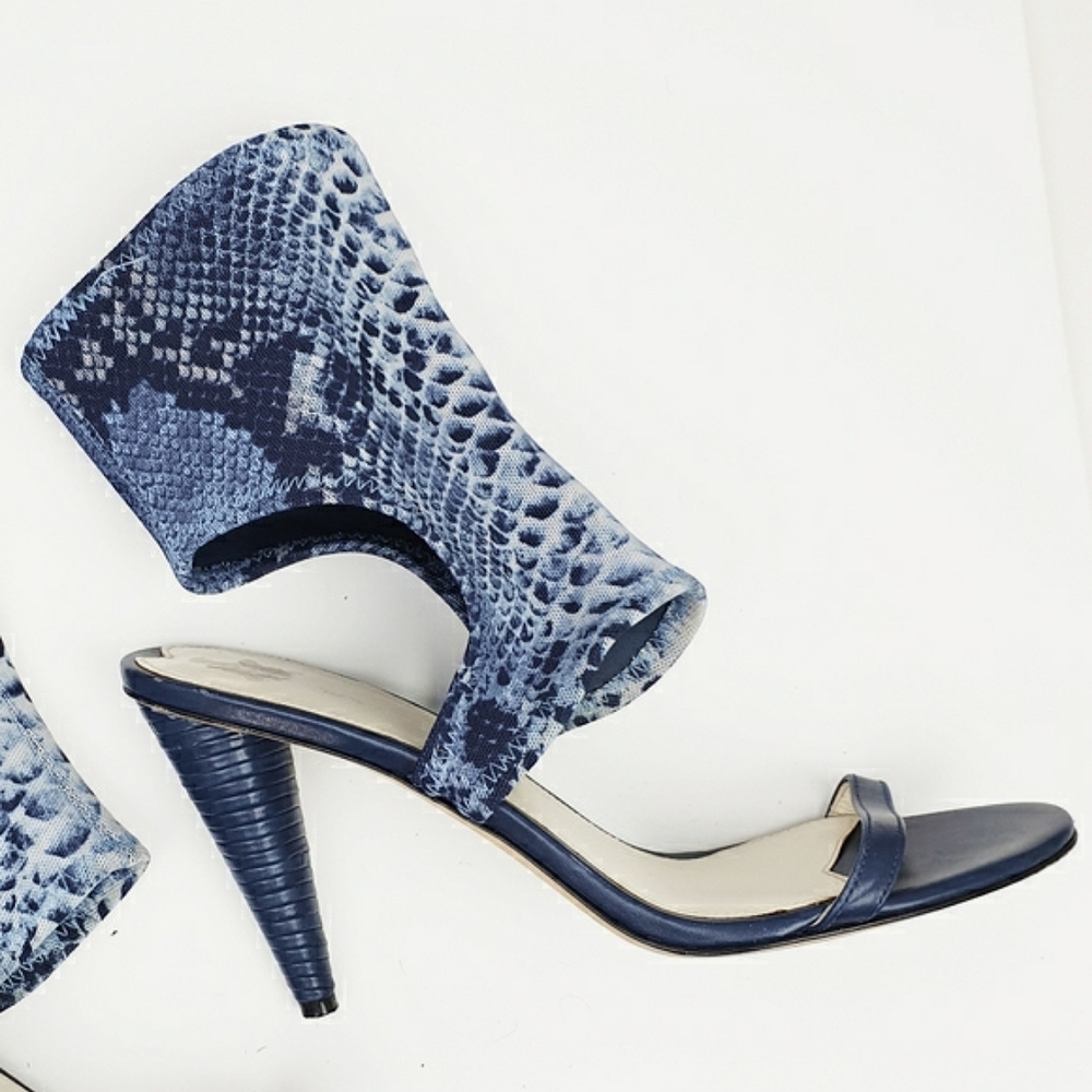 Via Spiga Open Toe blue deninm Sock Bootie Sandal Snake Print high heels size 7